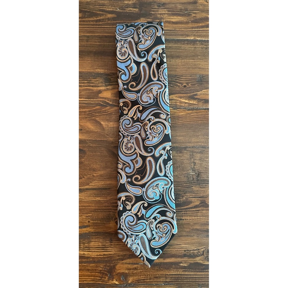 Patrick James West Coast Classic Silk Tie Mens Black Blue Tan‎ Paisley Italy USA